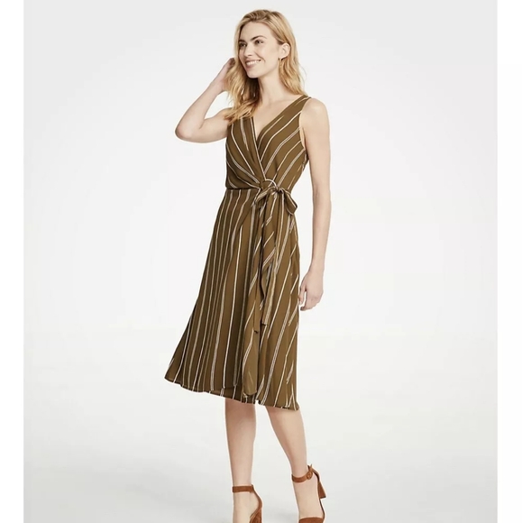 Ann Taylor Khaki Green Stripped Wrap Dress - Picture 9 of 9